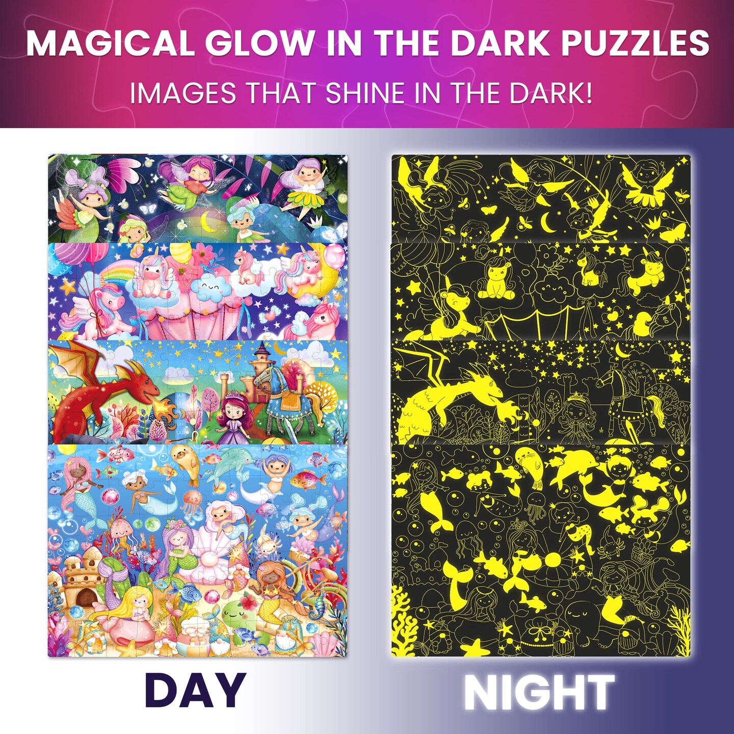 60 Piece Glow in The Dark Puzzles for Kids | Tale Heroes