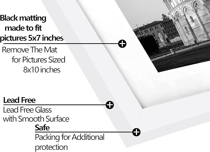 8x10 Picture Frame Set of 9, Display Pictures 5x7 with Mat or 8 x 10 Without Mat, Photo Frame for Wall Mounting or Tabletop Display, White.