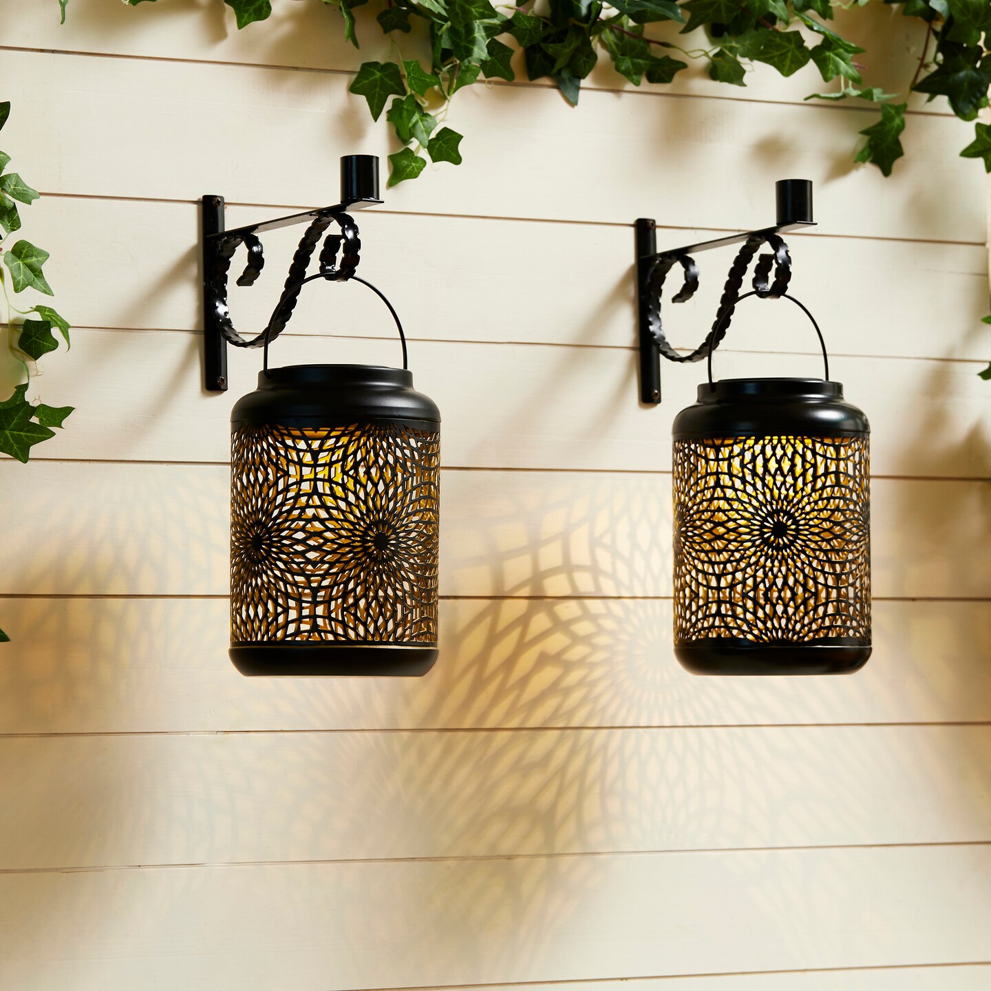 Set of 2/4 8.75&#x22;H Metal Cutout Scrollwork Solar Powered LED Outdoor Lantern with handle