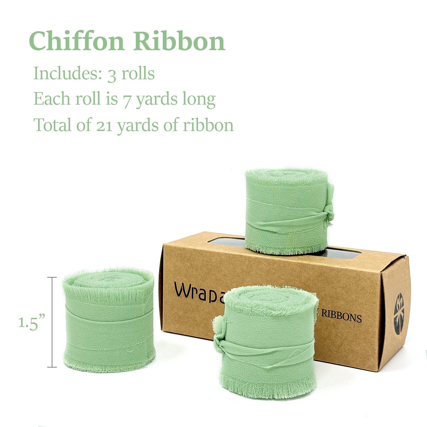 Wrapables Fringe Chiffon Ribbons, 1.5 Inch x 7 Yd Frayed Edges Chiffon Ribbons for Wedding Invitations, Bridal Bouquet, Gift Wrapping, DIY Arts & Crafts (Set of 3), Mint Green
