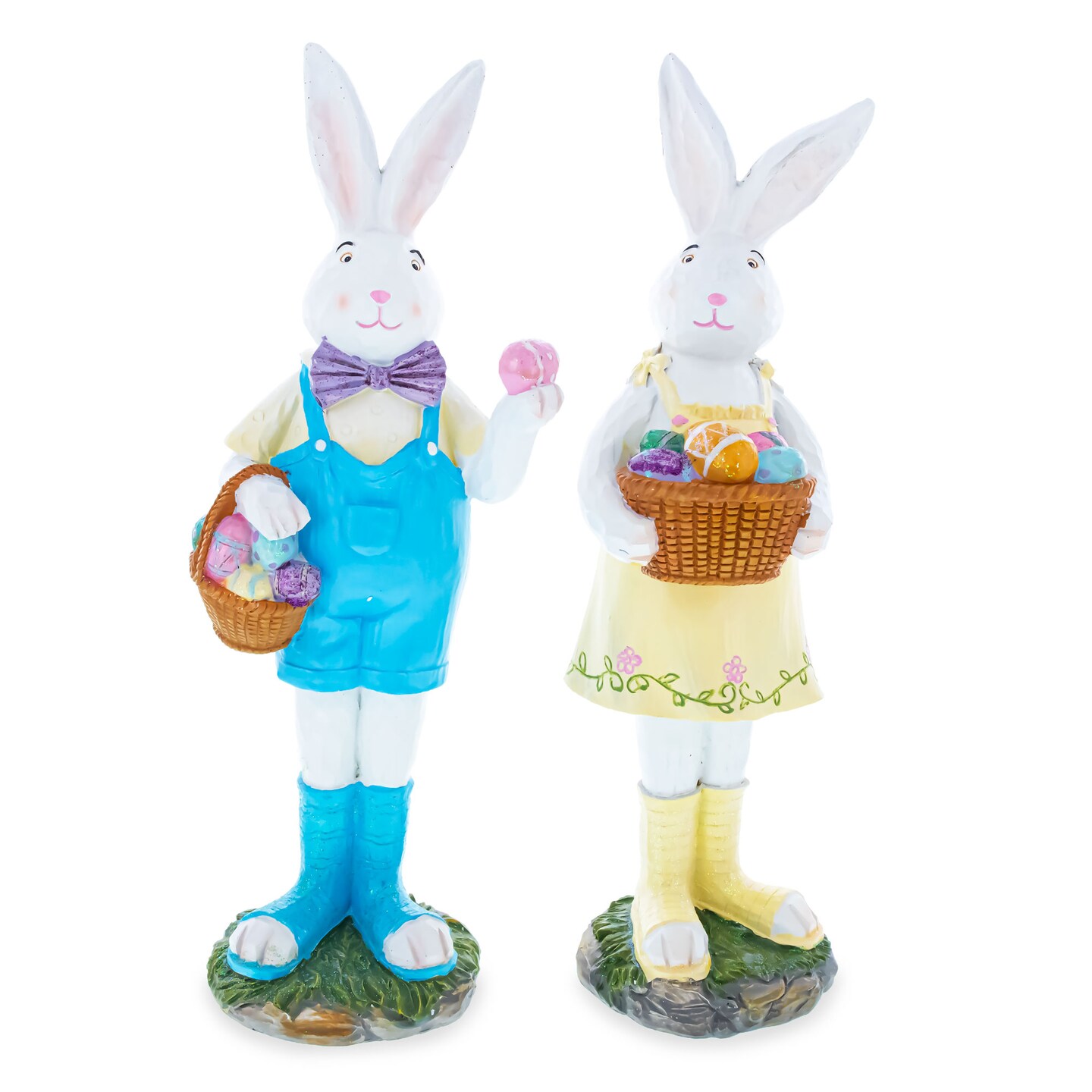 Set of 2 Resin Spring Bunnies With Eggs Figurine Centerpiece Display 12 Inches Tall
