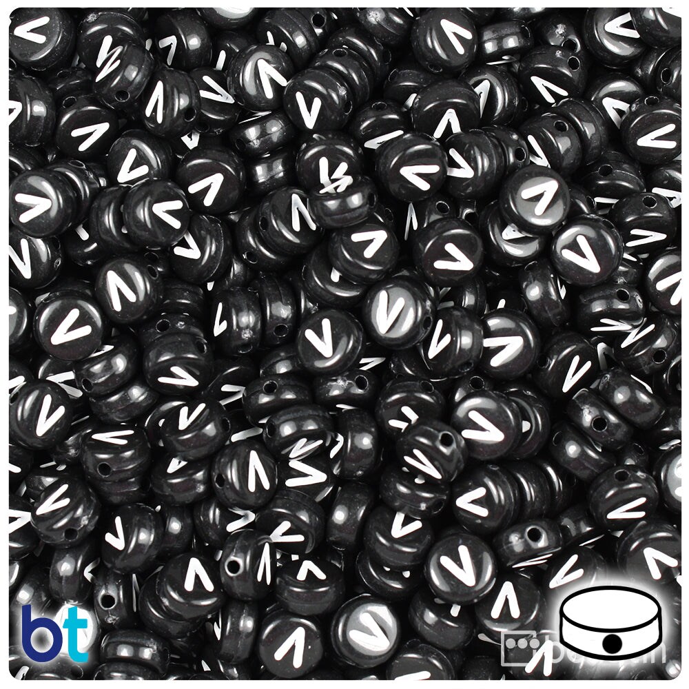 BeadTin Black Opaque 7mm Coin Plastic Alpha Beads - White Letter V (100pcs)