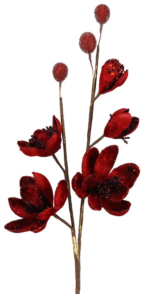 28.5&#x22; Red Glitter Beaded Velvet Magnolia Spray - Holiday &#x26; Valentine&#x2019;s Floral Stem