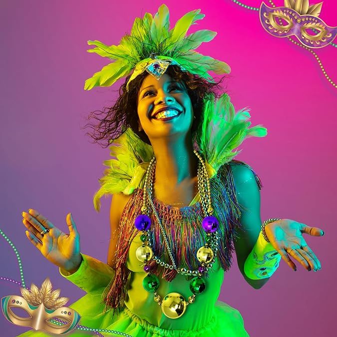 4E's Novelty Mardi Gras Jumbo Bead Necklace Purple Gold Green Huge Disco Ball Dress Up Necklace Accessory