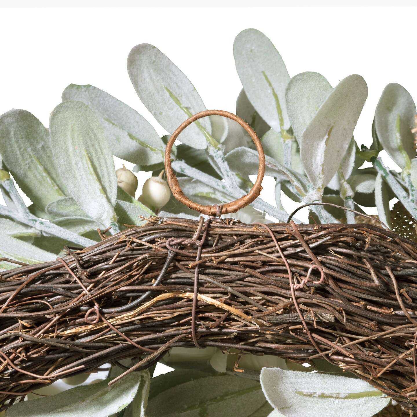 Haute Decor Grapevine Hydrangea Wreath with White Berries, Lamb&#x27;s Ear &#x26; Burlap Bow - Neutral Summer Wreath for Front Door Decor