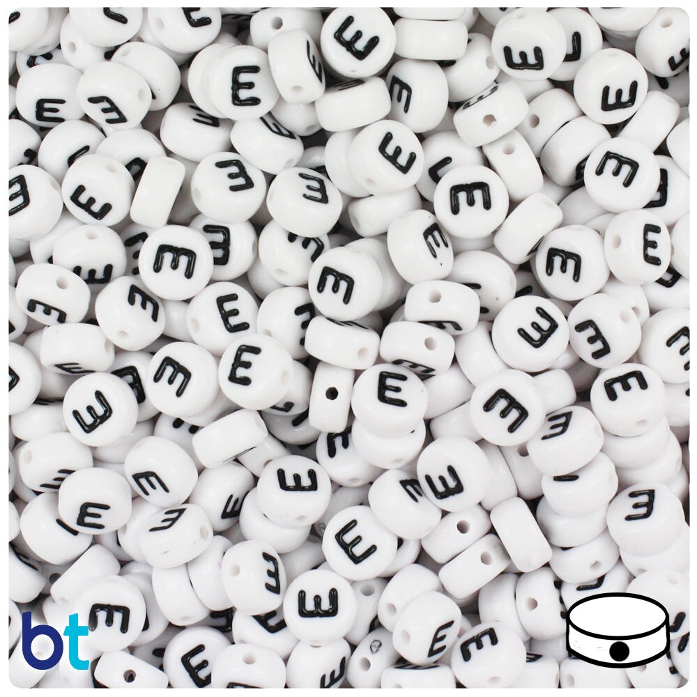 BeadTin White Opaque 7mm Coin Plastic Alpha Beads - Black Letter E (100pcs)