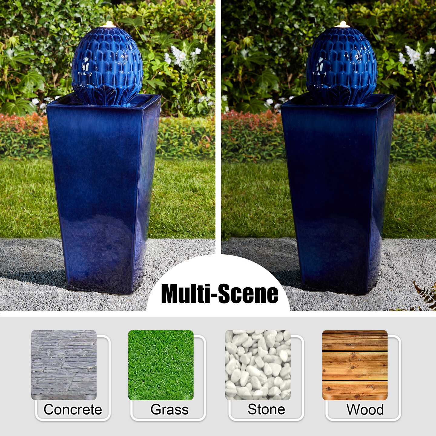 35.75&#x22;H Oversized Artichoke Pedestal Ceramic Outdoor Fountain with LED Light, Includes Pump, Multiple Colors