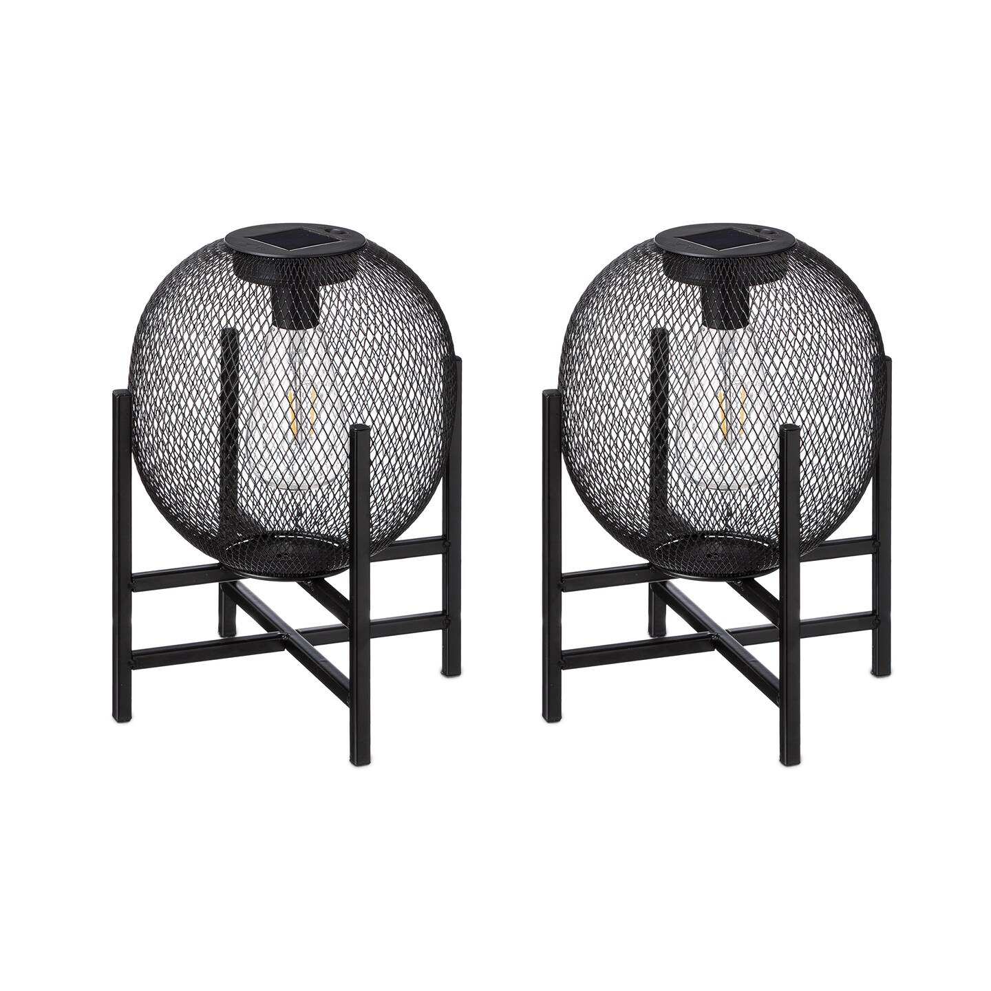 Set of 2 Black Metal Mesh Solar Powered Edison Bulb Outdoor Lantern with Stand