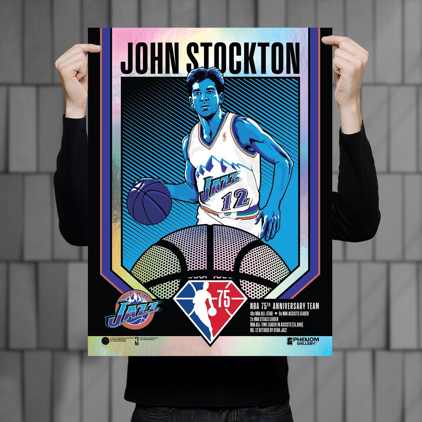 Phenom Gallery Utah Jazz 75th Anniversary John Stockton 18&#x22; x 24&#x22; Deluxe Framed Foil Serigraph (Printer Proof)