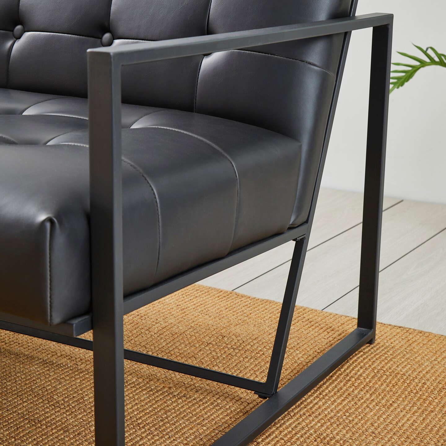 30.5"H Mid-Century Modern Leatherette Button-tufted Accent Arm Chair with Black Metal Frame