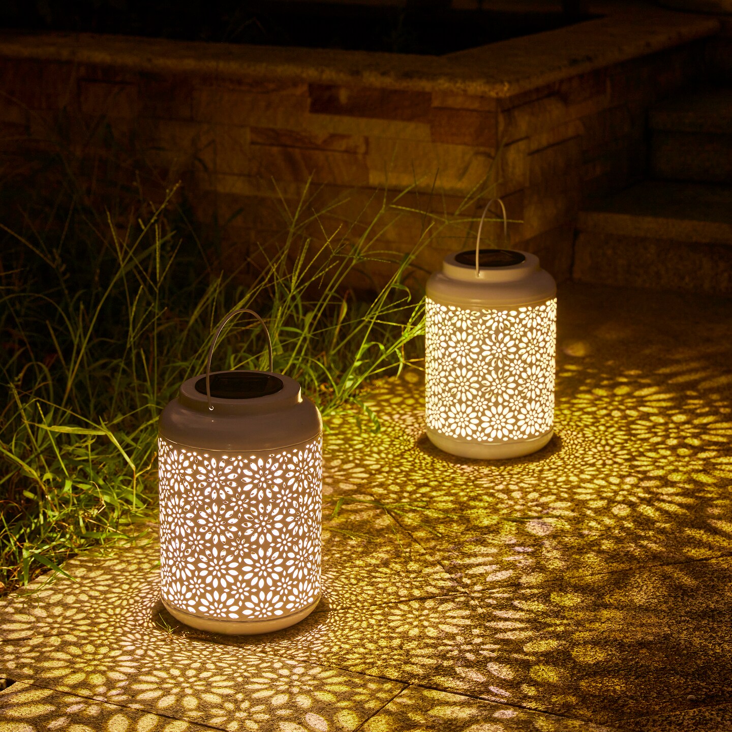 Set of 2/4 8.75"H Metal Cutout Flower Solar Powered Outdoor Hanging Lantern with LED Light