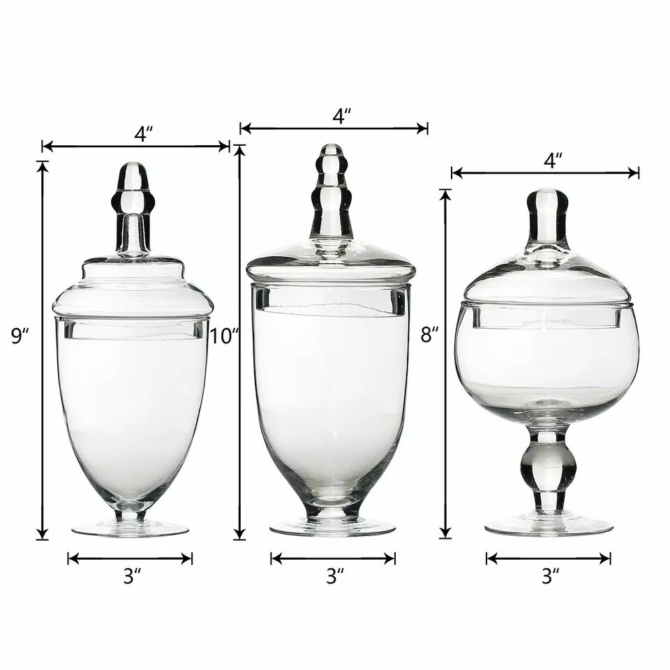 3 pcs 9&#x22; 10&#x22; 11&#x22; tall Clear Glass Apothecary Jars Lids Wedding Supplies