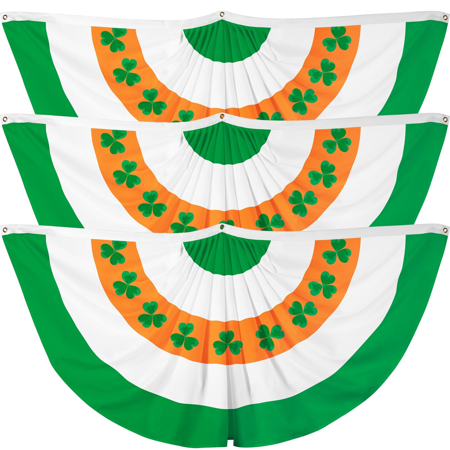 G128 3 Pack: Ireland Irish Shamrock Pleated Fan Flag | 3x6 Ft | Printed 150D Polyester | St. Patrick&#x27;s Day Decor, Indoor/Outdoor, Vibrant Colors, Brass Grommets