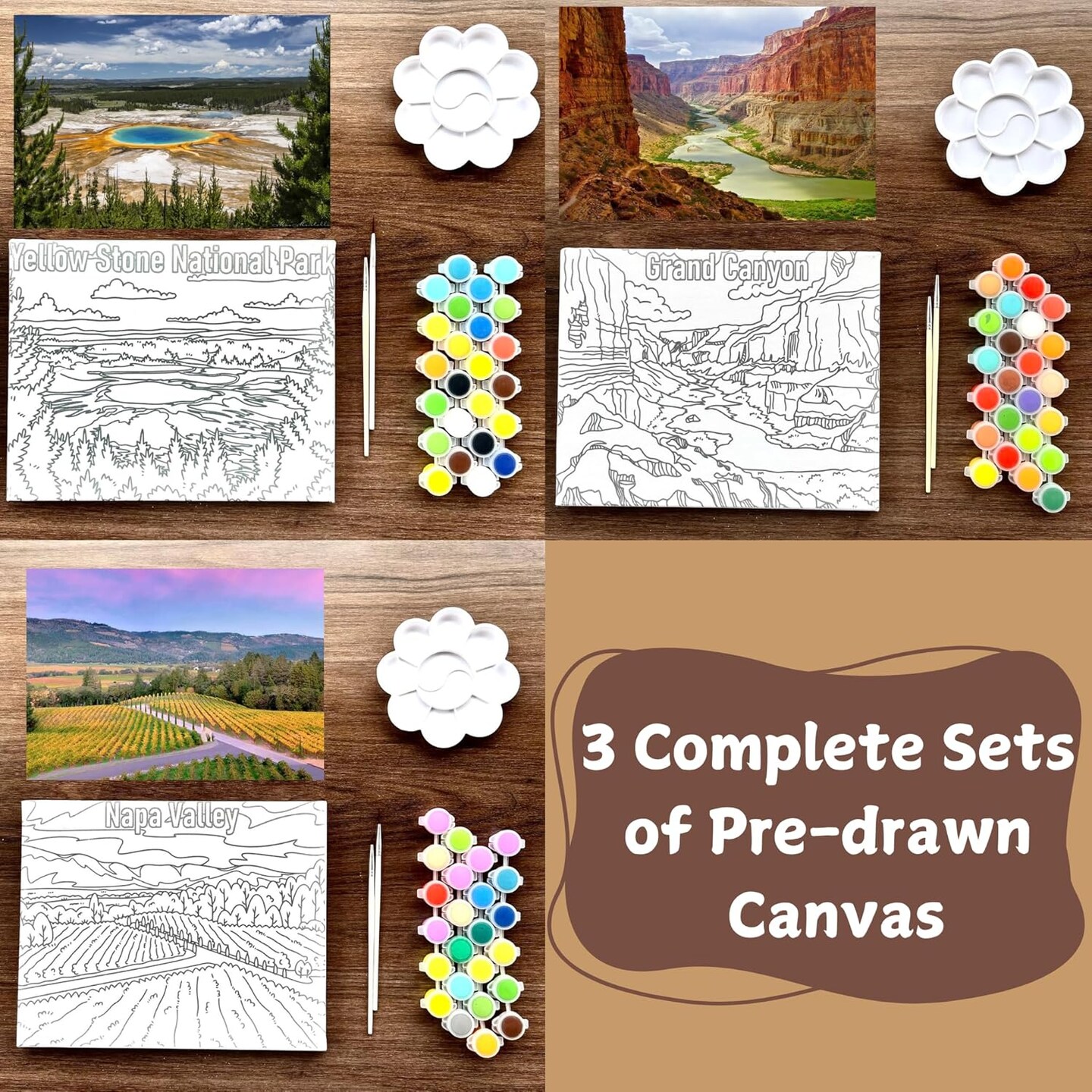 National Parks Pre-Drawn Canvas Painting Kit &#x2013; Scenic Nature Designs for DIY Art Projects, Crafts for Adults, Painting Kits for Adults, 8 x 10, Set of 3
