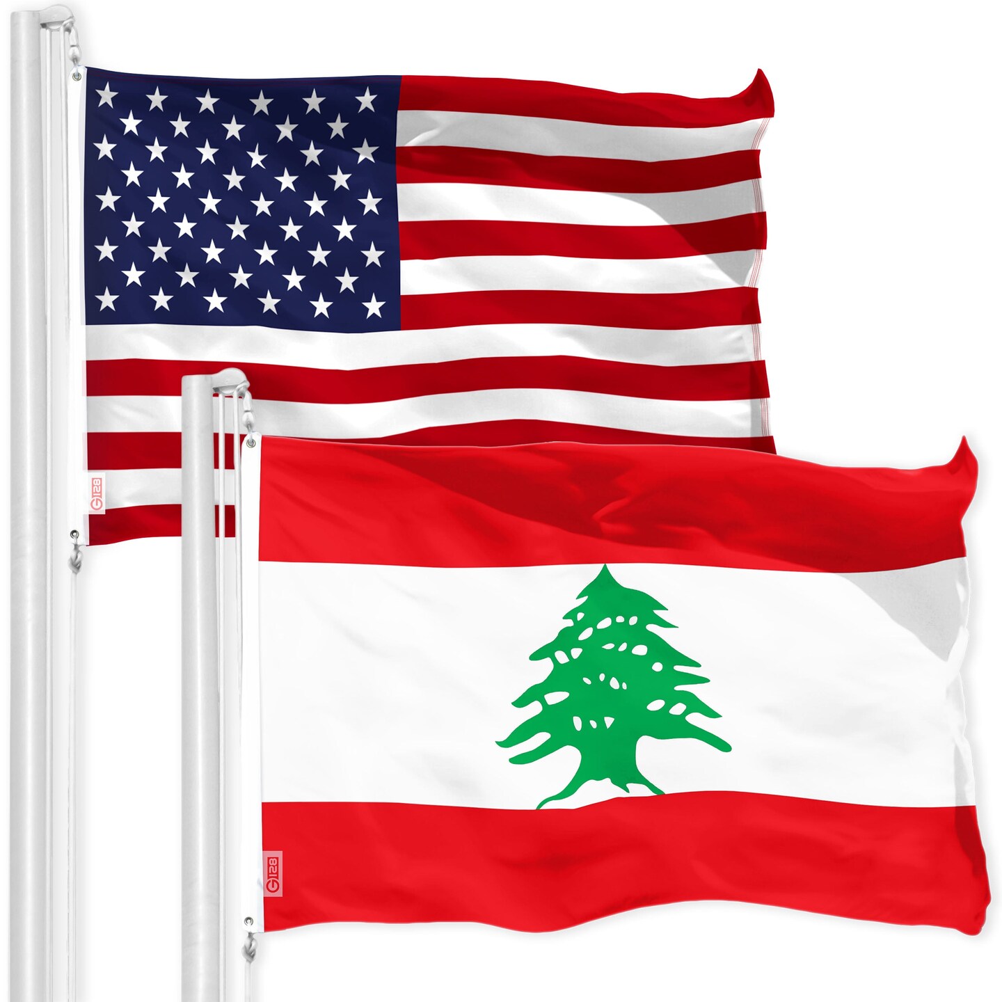 G128 Combo Pack: American USA Flag 3x5 Ft &#x26; Lebanon Lebanese Flag 3x5 Ft, Both Printed 150D Polyester, Indoor/Outdoor, Brass Grommets