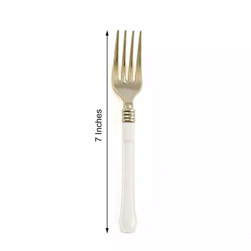 24 Metallic Gold White Handle Disposable Plastic 7&#x22; Forks Party Wedding Supplies