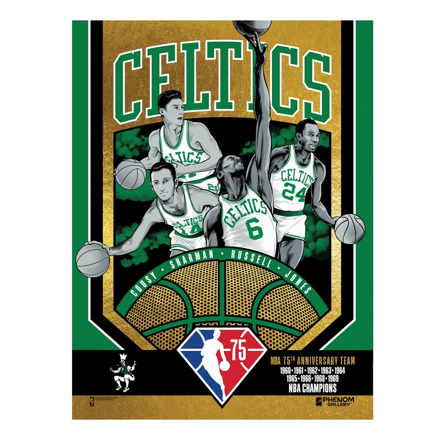 Phenom Gallery Boston Celtics 75th Anniversary 60&#x27;s NBA Champions 18&#x22; x 24&#x22; Deluxe Framed Gold Foil Serigraph