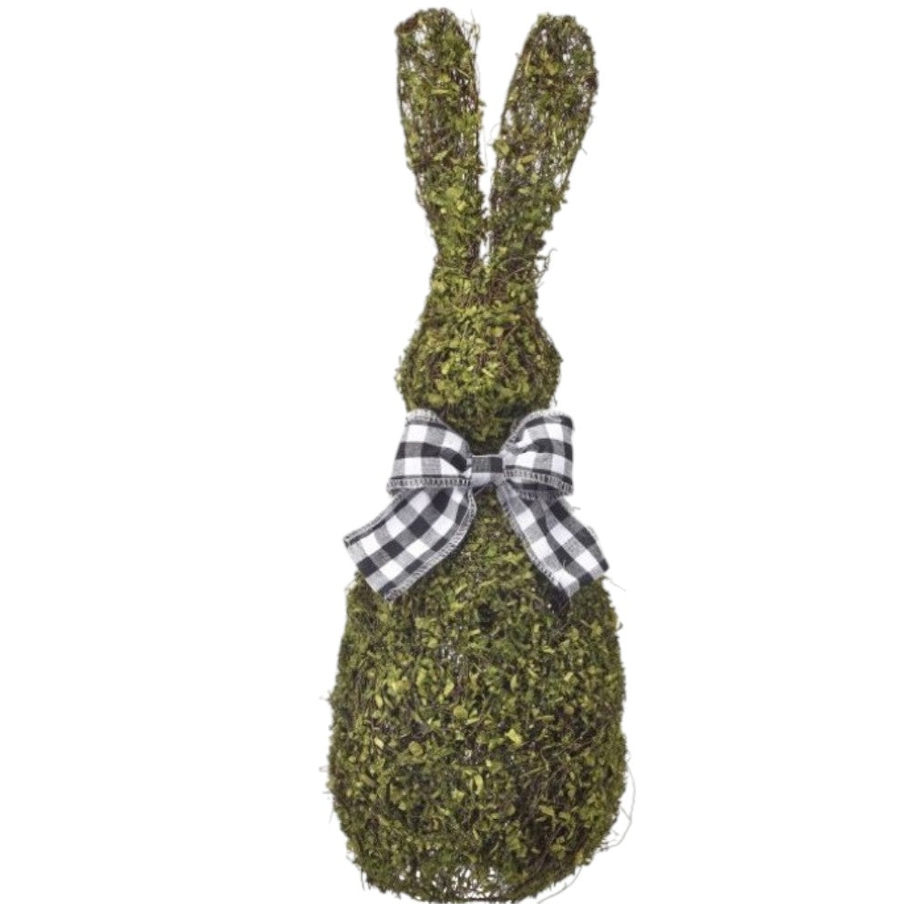 21&#x22; Moss Bunny Figurine with Gingham Bow &#x2013; Rustic Easter Spring Decoration
