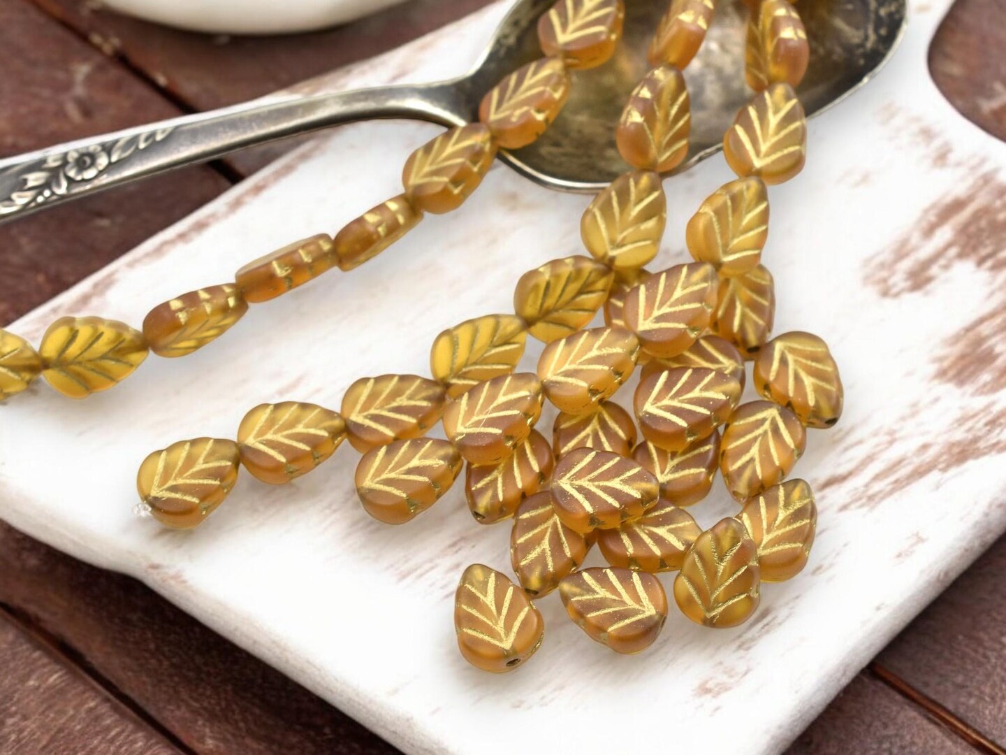 *16* 10x8mm Gold Washed Transparent Matte Amber Mint Leaf Beads