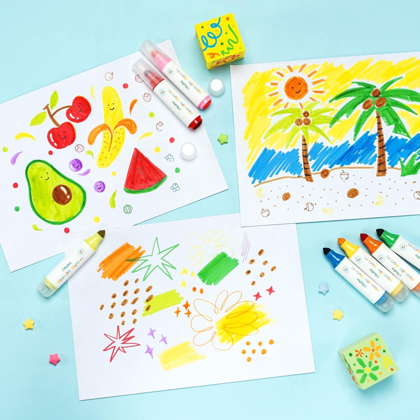 Ohuhu Stamper Washable Markers for Kids 12 Colors Water-based Dual Tips Stamp &#x26; Broad Line Tip Kids Markers Coloring Markers for Kids Preschool Classroom Supplies Age 3+