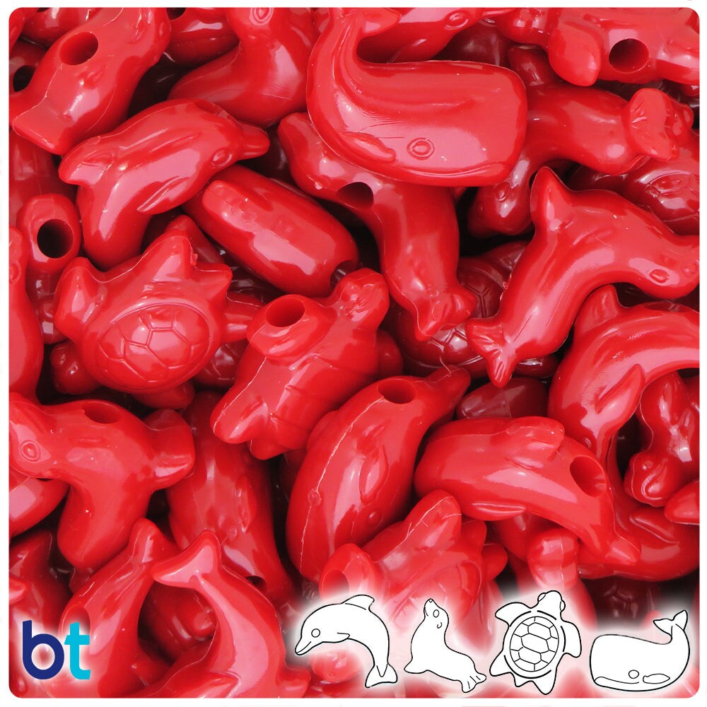 BeadTin Red Opaque Marine Life Plastic Pony Beads (2oz)