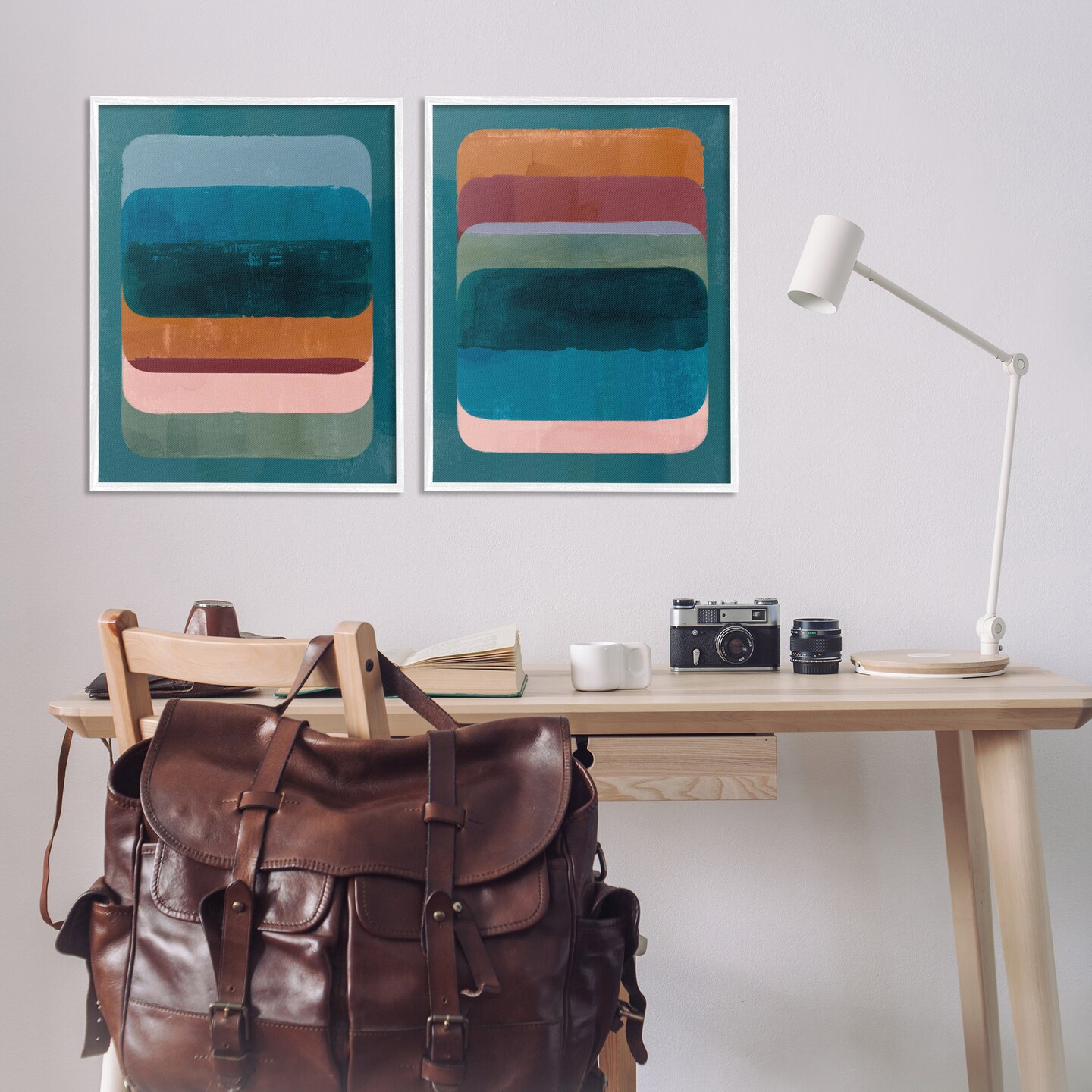Stupell Industries Abstract Teal Stacked Colors 2 pc Framed Giclee Wall Art Set Design by Victoria Barnes