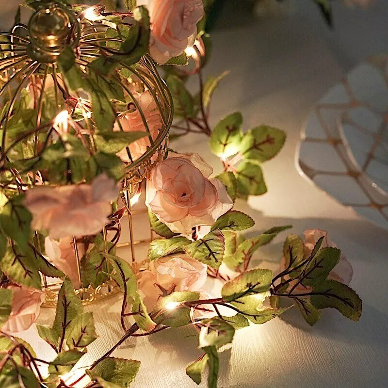 7 feet Blush Roses Leaves FAIRY LIGHTS Battery Operated LED Garland Party Events