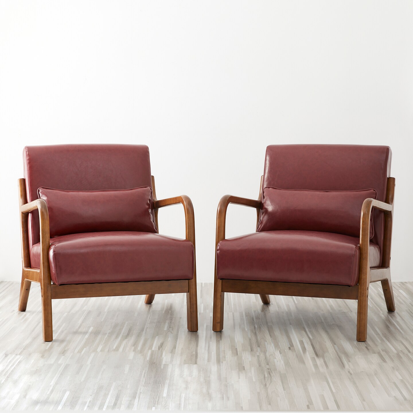 Set of 2 30.75"H Mid-Century Modern PU Leather Armchair Accent Chairs with Pillow