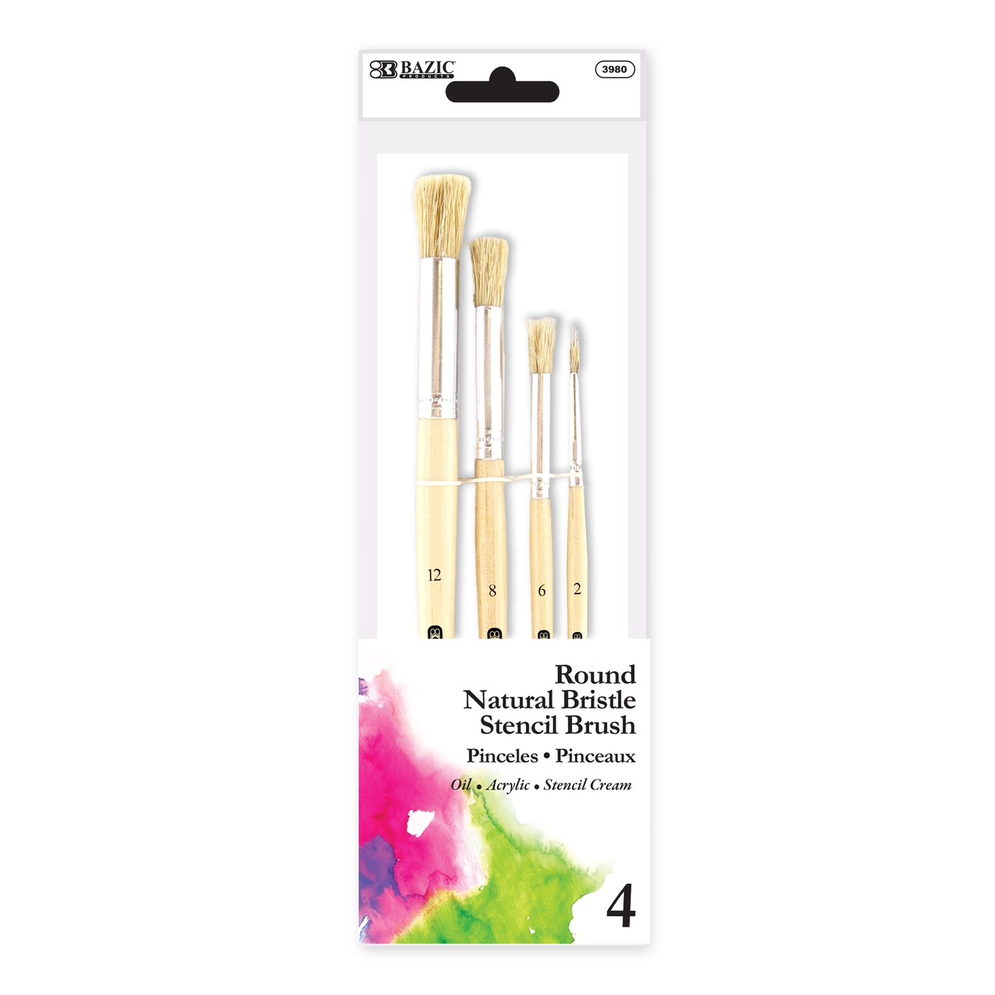 BAZIC Paint Stencil Brush Round Natural Bristle (4/Pack)