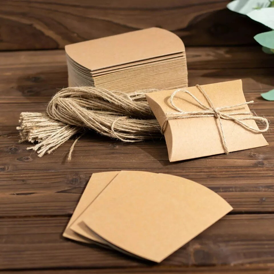 50 Natural Paper Pillow Gift Boxes Jute Ribbons Rustic FAVOR HOLDERS Party Event