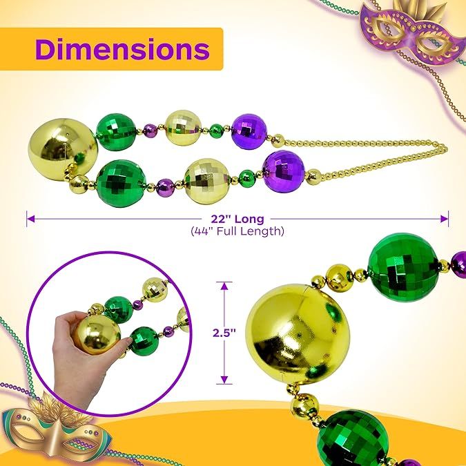 4E&#x27;s Novelty Mardi Gras Jumbo Bead Necklace Purple Gold Green Huge Disco Ball Dress Up Necklace Accessory