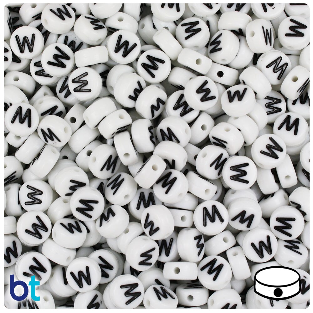 BeadTin White Opaque 7mm Coin Plastic Alpha Beads - Black Letter W (100pcs)