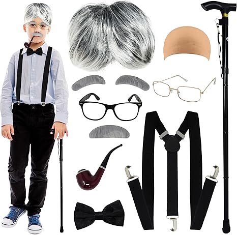 4E's Novelty Old Man Costume 10 Pcs Set for Kids ages 3-14 Years - 100 Days of School Costume for Boys Dress Up Accessories Includes Wig Cane