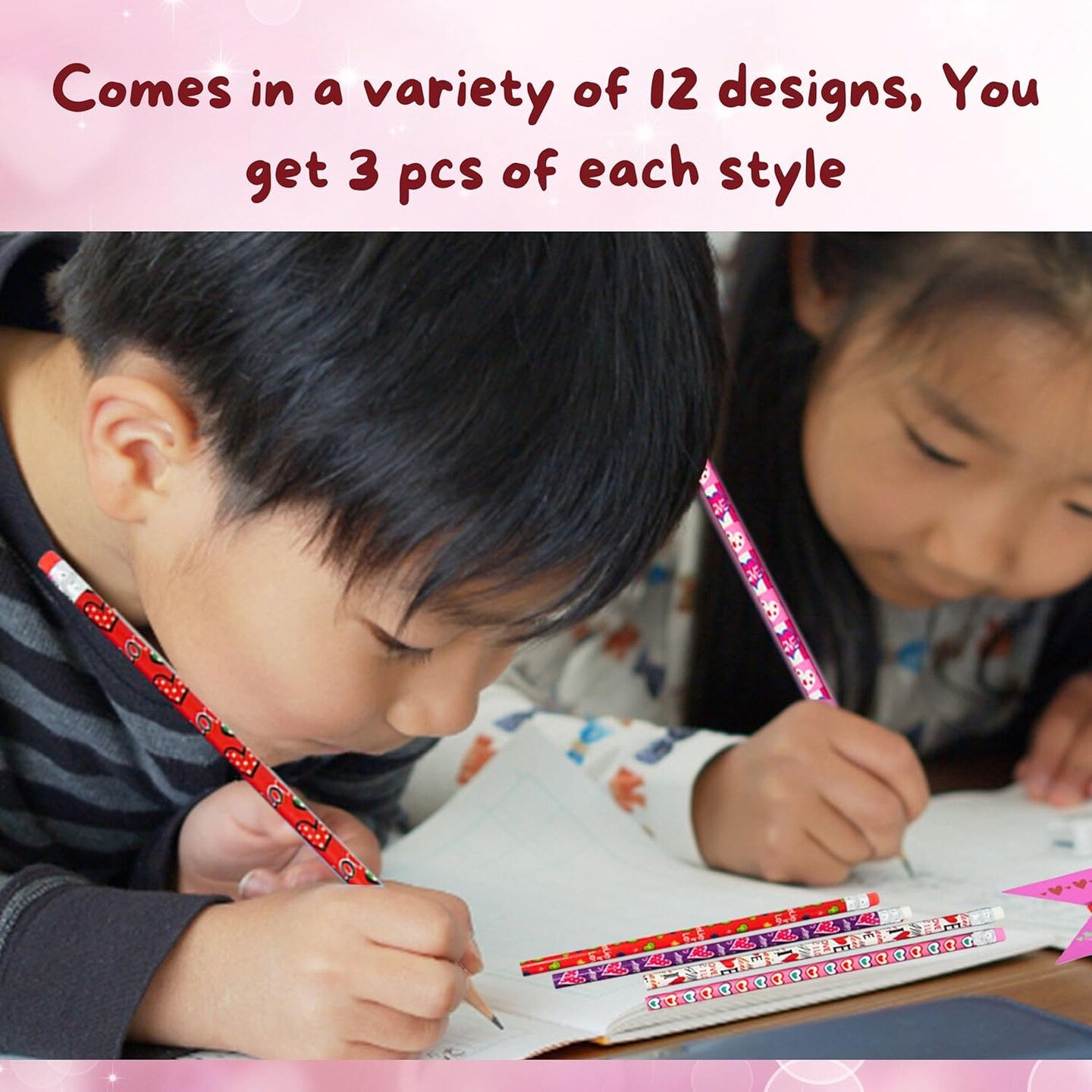 4E's Novelty 36 Pack - Valentines Pencils for Kids, Bulk with Erasers, Heart Themed Party Favors