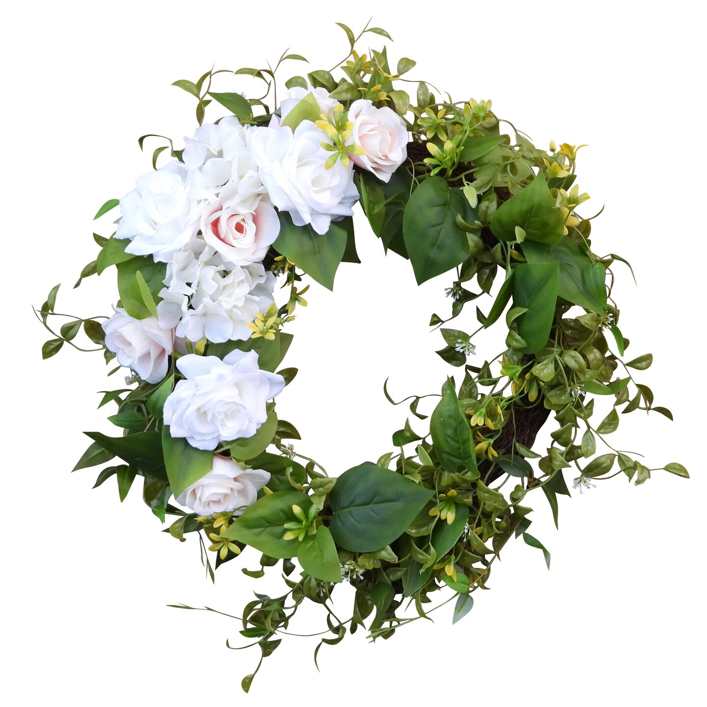 Haute Decor Pink and White Rose and Hydrangea Floral and Greenery Wreath with Natural Grapevine Base for Spring, Summer Door Decor - 24 inch Diameter