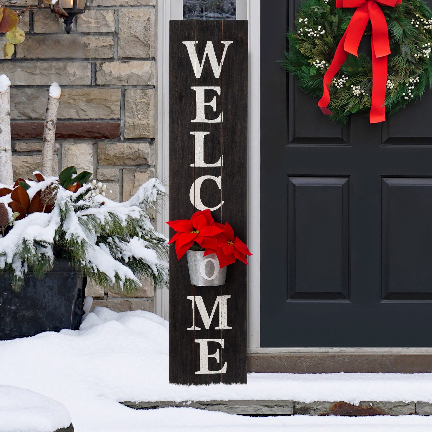 42&#x22;H Wooden WELCOME Porch Sign with Metal Planter