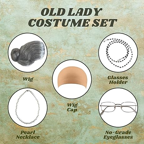 4E&#x27;s Novelty Old Lady Costume for Kids 7 Pcs Set - for 100 Day of School Grandma Costume for Girls, Gray Curly Wig, Cane, Granny Glasses with Chain Dress Up Accessories