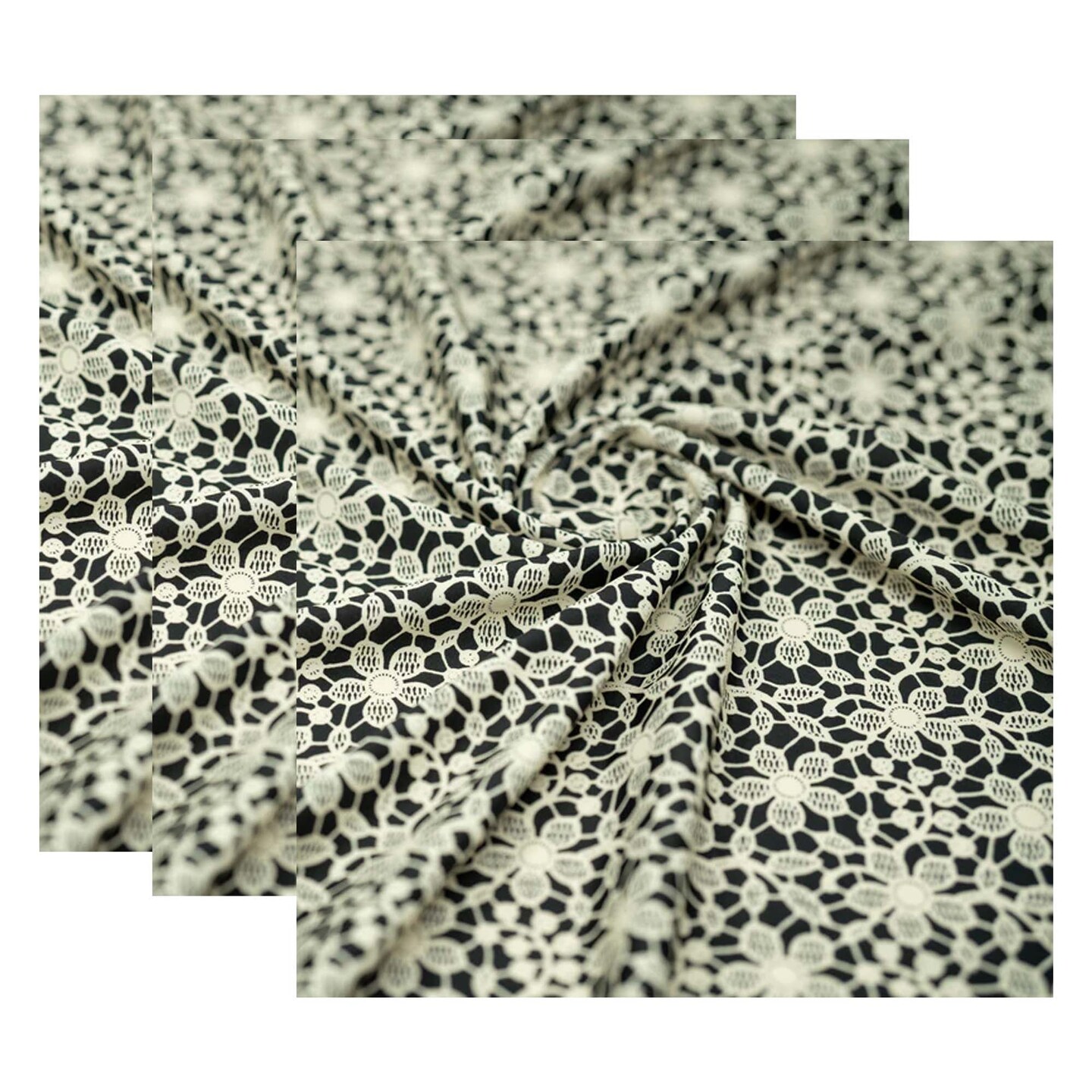 Ivory Flower Lace Pattern on Black Printed Spandex Fabric