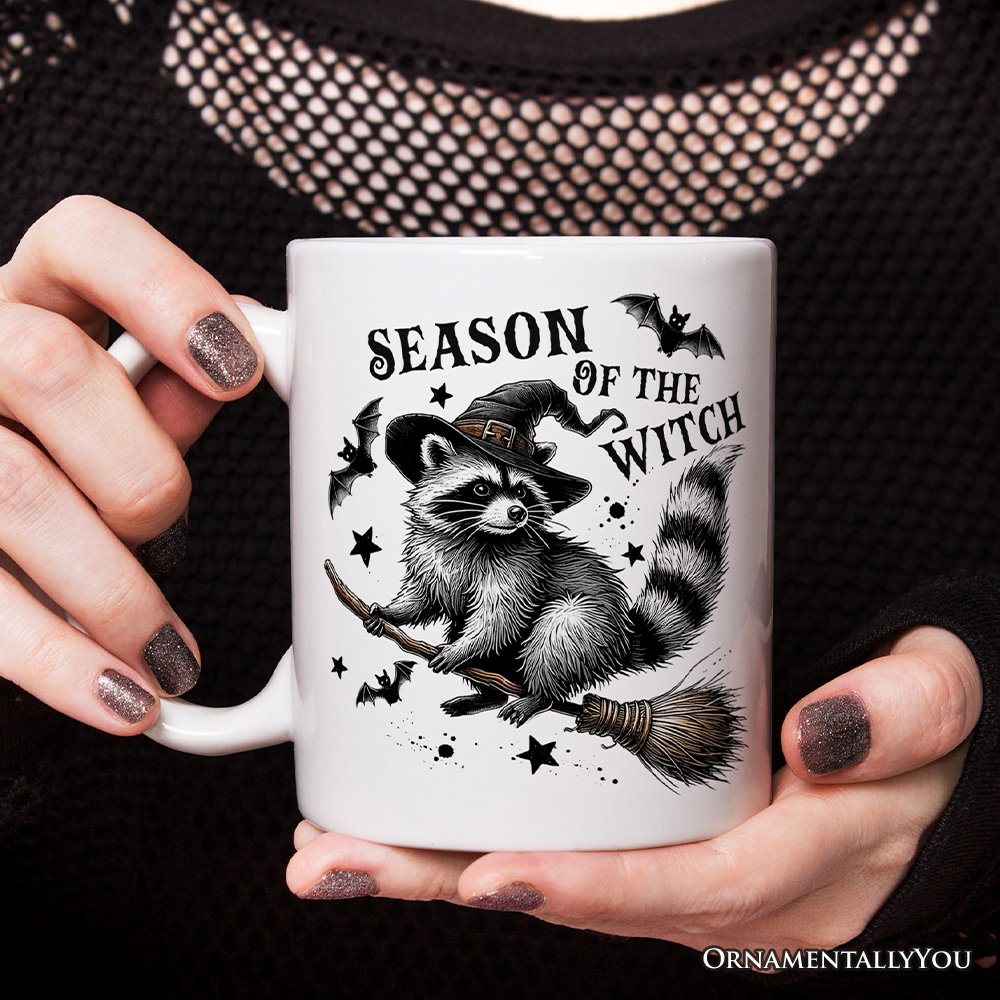 Funny Racoon Witch with Broom Mug, Vintage Halloween Gift