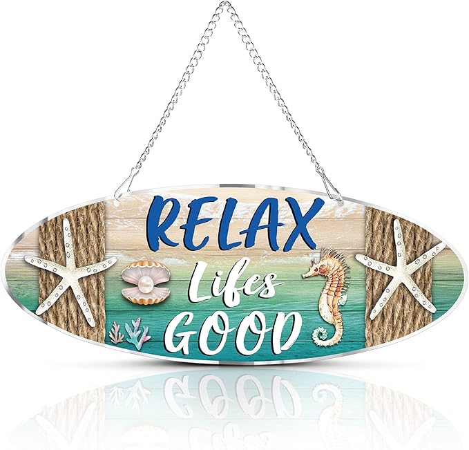 Beach Sign Decor Hanging Sea Decorations Starfish Wall Decoration Beach Plaque Door Wall Plaque Decor Sign with Seahorse and Scallop for Decoration(Classic Style)