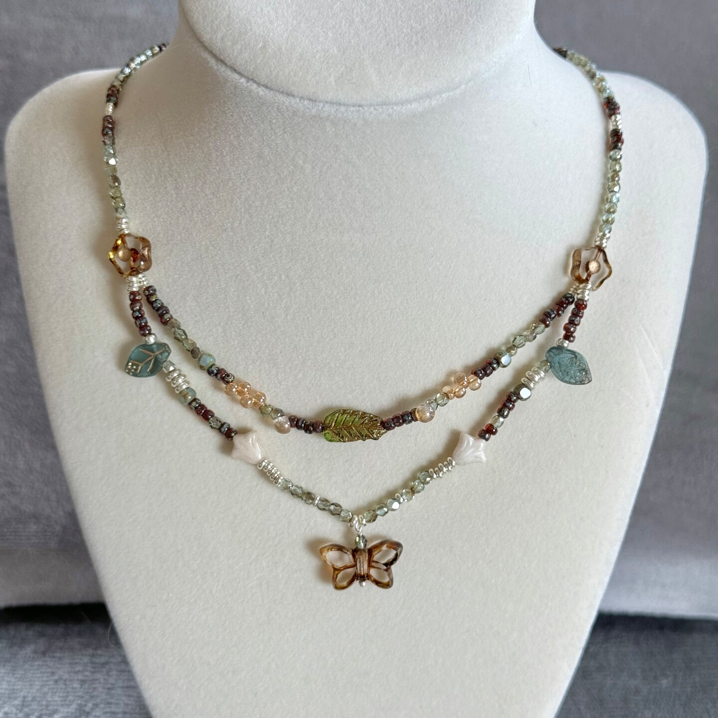 Garden-inspired Czech beaded necklace with unique pendants