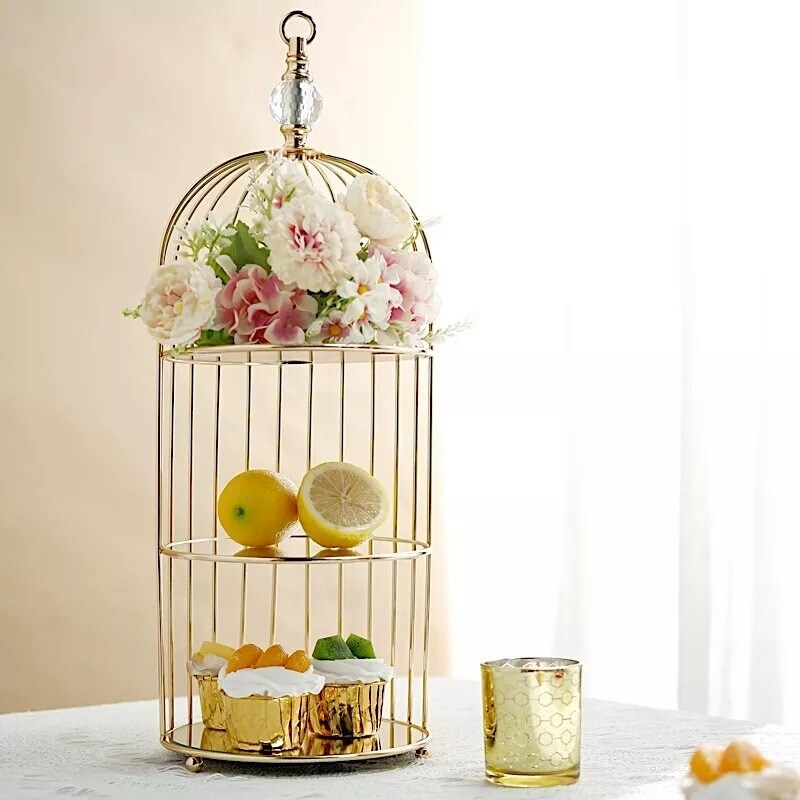 22-Inch Gold 3 Tier Metal Mirror Glass Hanging Bird Cage CUPCAKE STAND Party