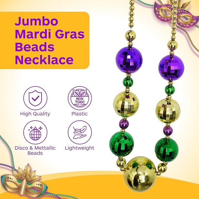 4E's Novelty Mardi Gras Jumbo Bead Necklace Purple Gold Green Huge Disco Ball Dress Up Necklace Accessory
