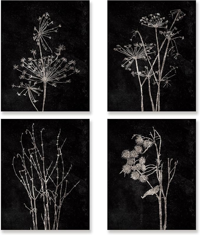 Black Flowers Plant Wall Art Decor Set of 4 - Vintage Botanical Neutral Floral Artwork Poster Prints Decor Modern Rustic Wall Art for Bedroom Home Decorations - 8&#x22;x10&#x22; Unframed