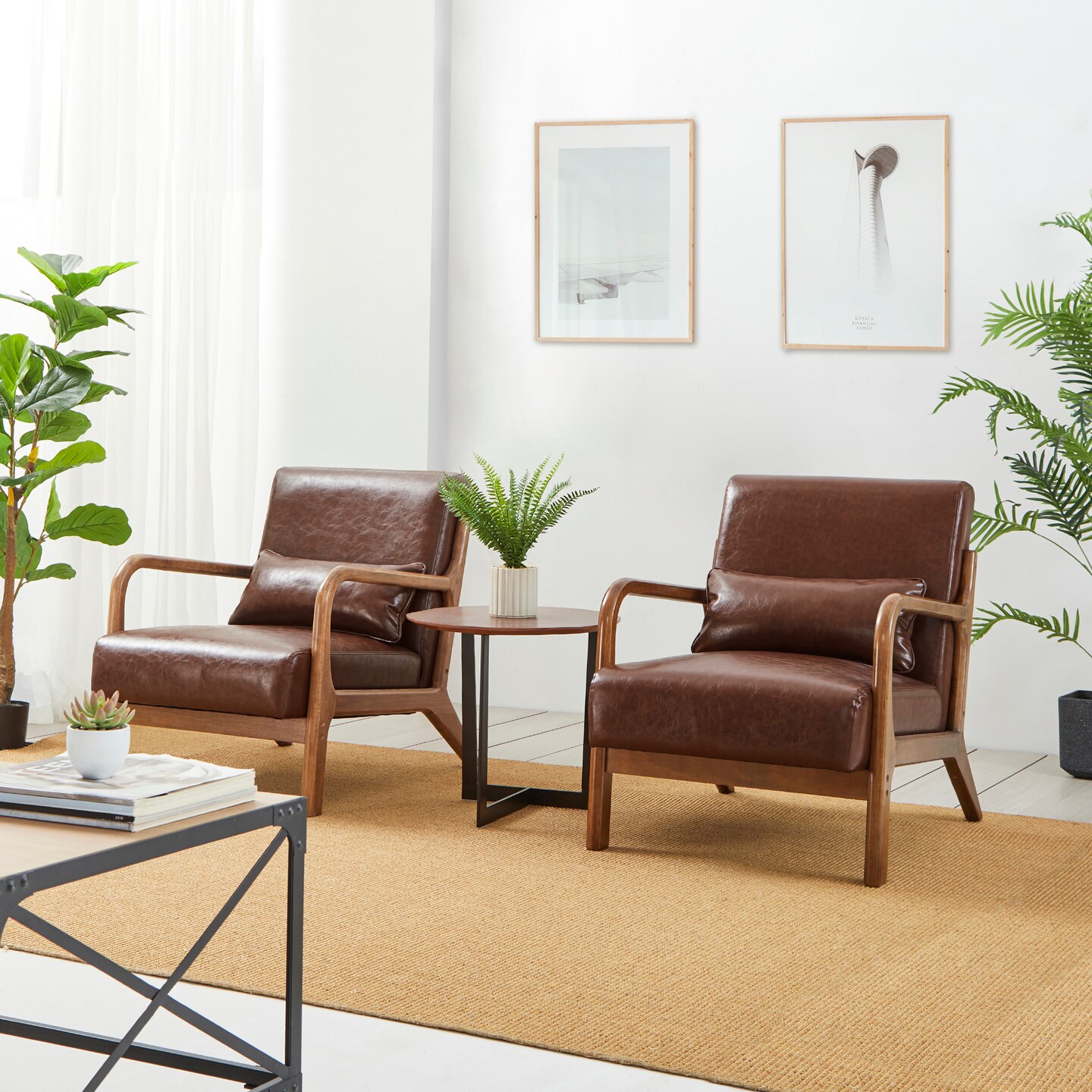 Set of 2 30.75"H Mid-Century Modern PU Leather Armchair Accent Chairs with Pillow