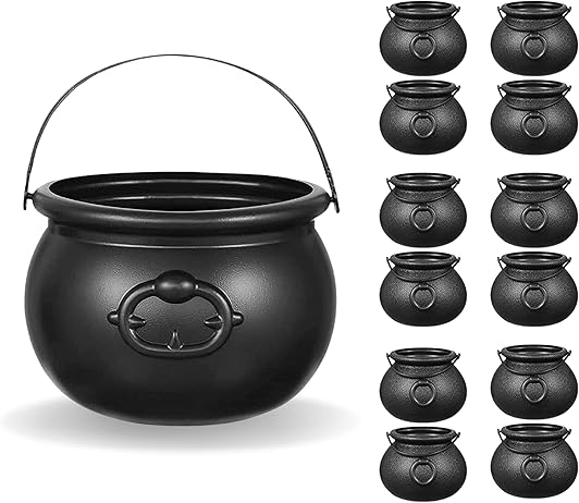 Black Cauldron Plastic 12 Mini &#x26; 1 Large 7&#x22;- for Halloween Cauldron Black Candy Bucket for Trick or Treat Container for Kids Table D&#xE9;cor Kids Party Favors Supplies By 4E&#x27;s Novelty