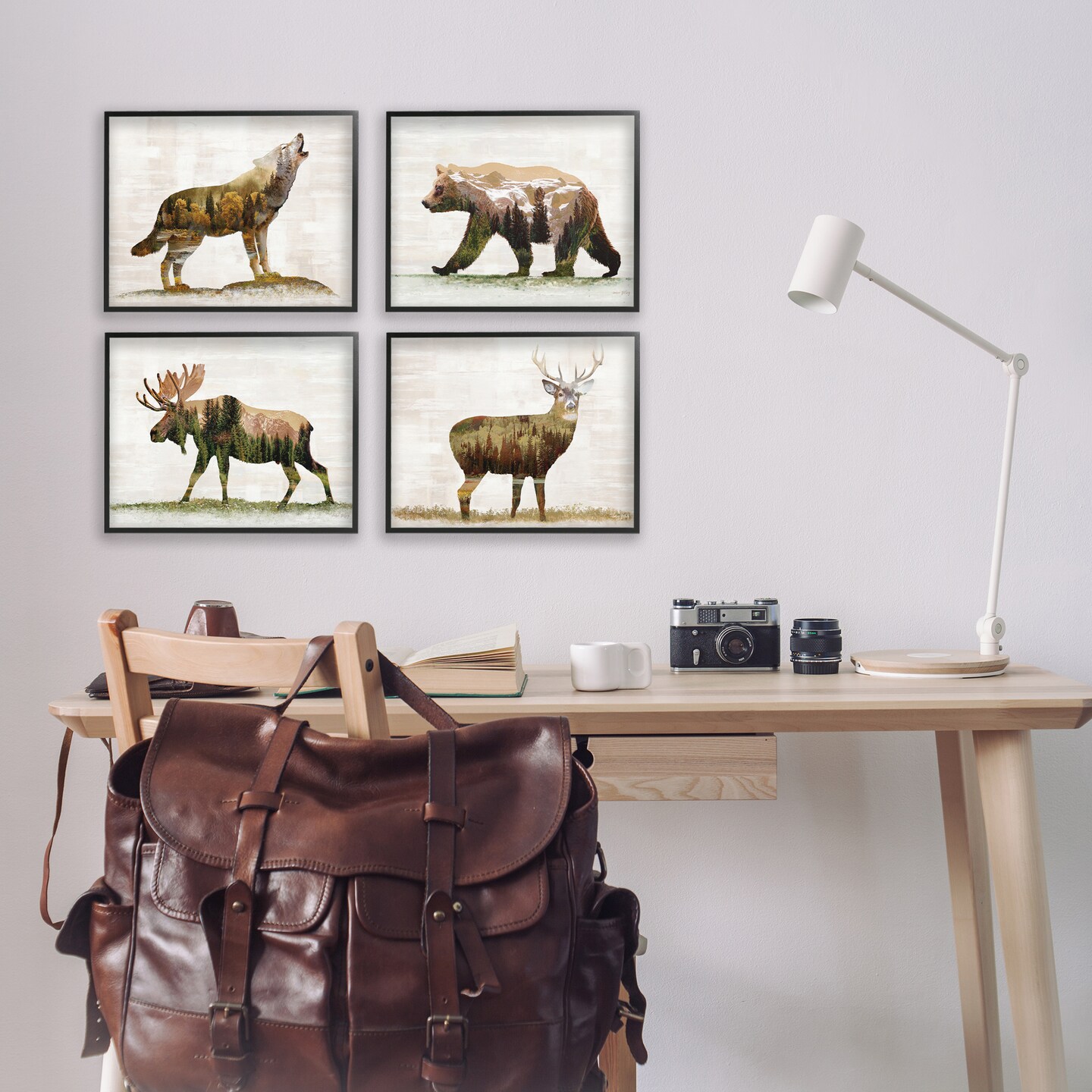 Stupell Industries Woodland Animals Rustic Pattern 4 pc Framed Giclee Wall Art Set Design by Amber Sterling