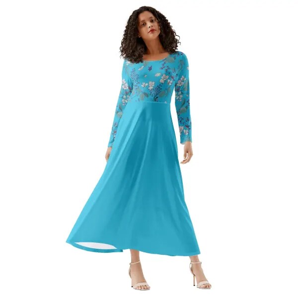 product name is Summer Field Women's Long Dress - Vibrant Blue - Long sleeves - Soft, lightweight and stretchy Fabric - Flowing Skirt