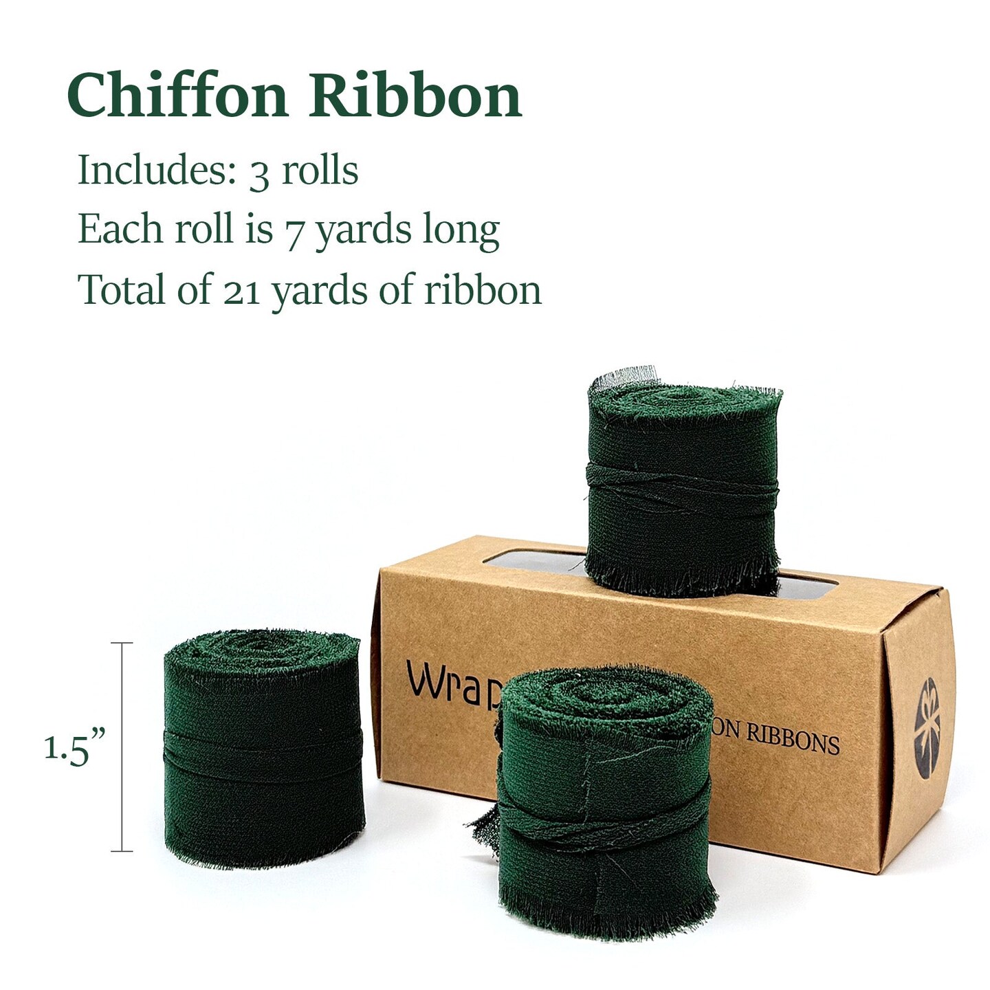 Wrapables Fringe Chiffon Ribbons, 1.5 Inch x 7 Yd Frayed Edges Chiffon Ribbons for Wedding Invitations, Bridal Bouquet, Gift Wrapping, DIY Arts & Crafts (Set of 3), Dark Green
