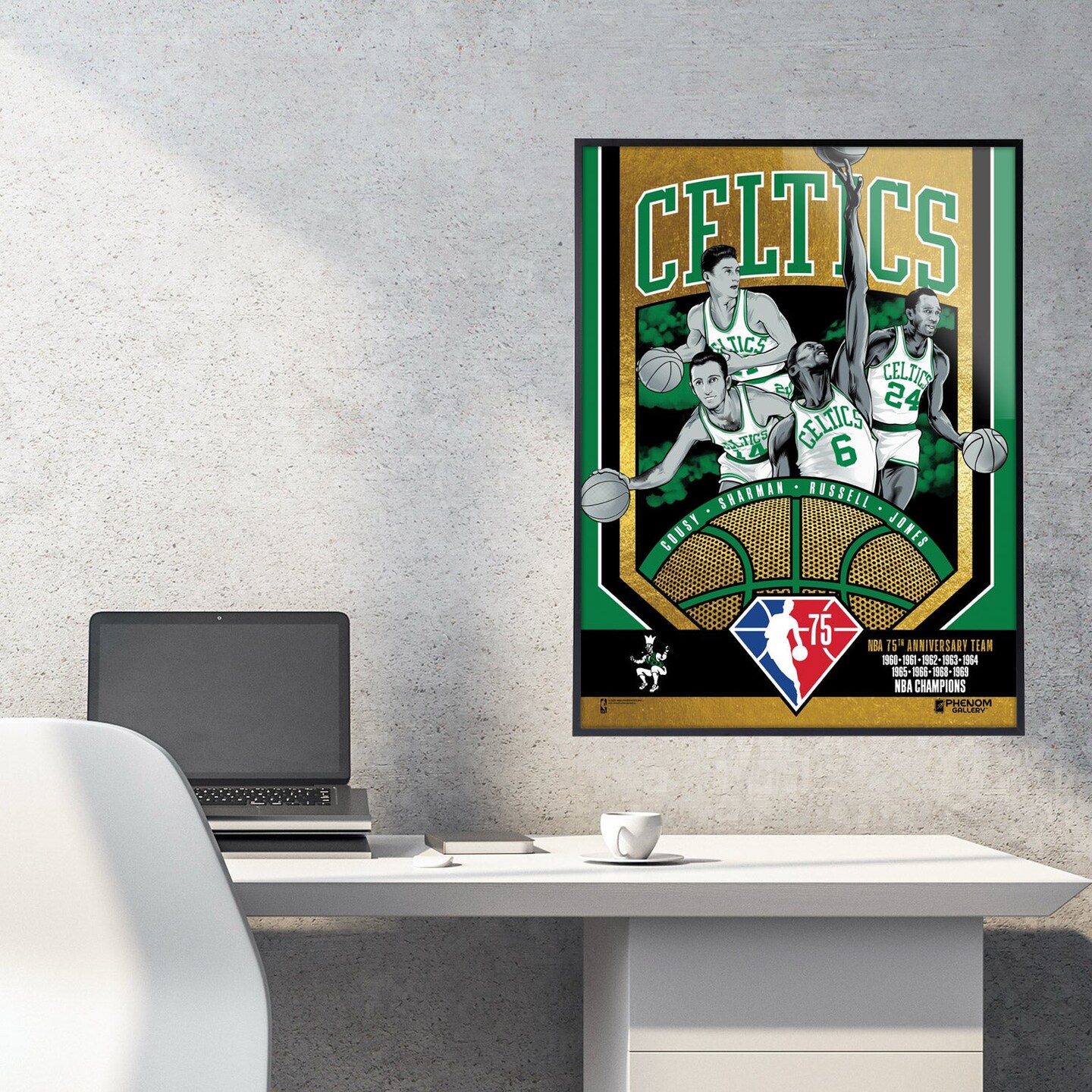 Phenom Gallery Boston Celtics 75th Anniversary 60&#x27;s NBA Champions 18&#x22; x 24&#x22; Deluxe Framed Gold Foil Serigraph